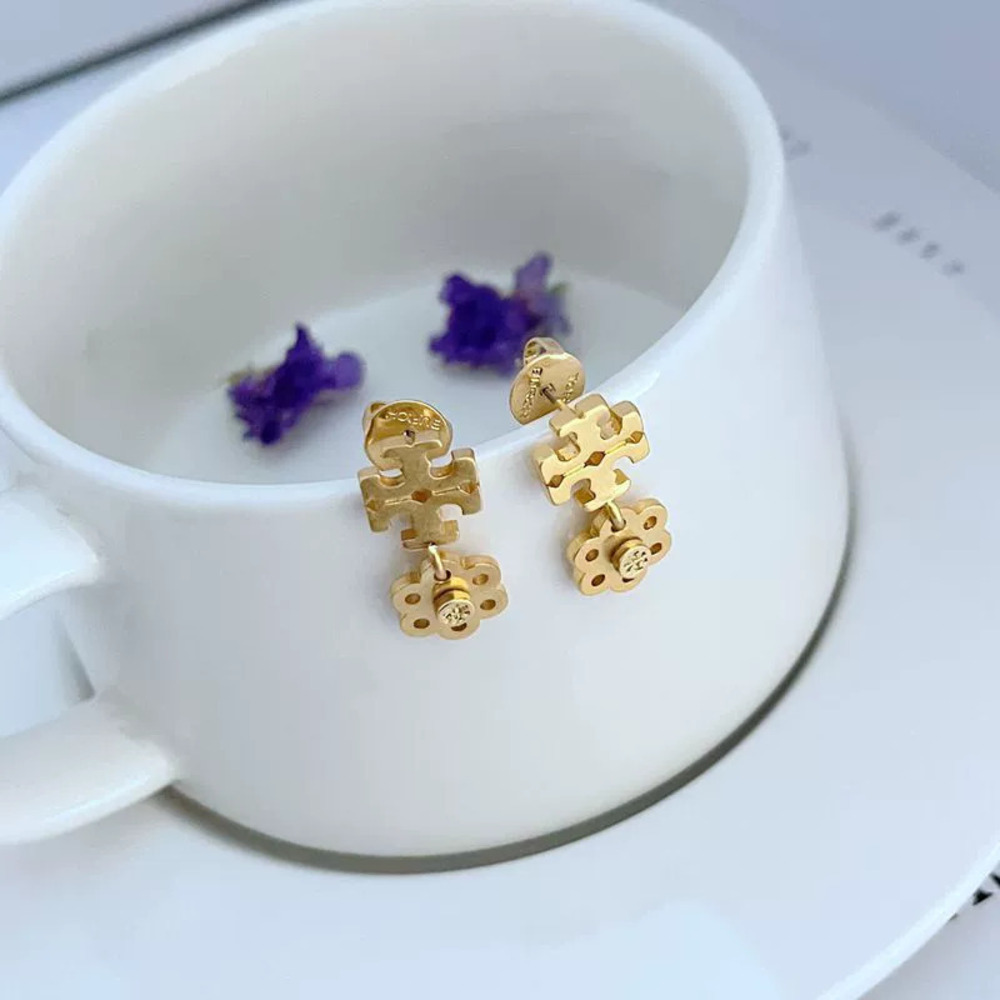 Tory Burch Inlaid Hollow Flower Letter Metal Earrings